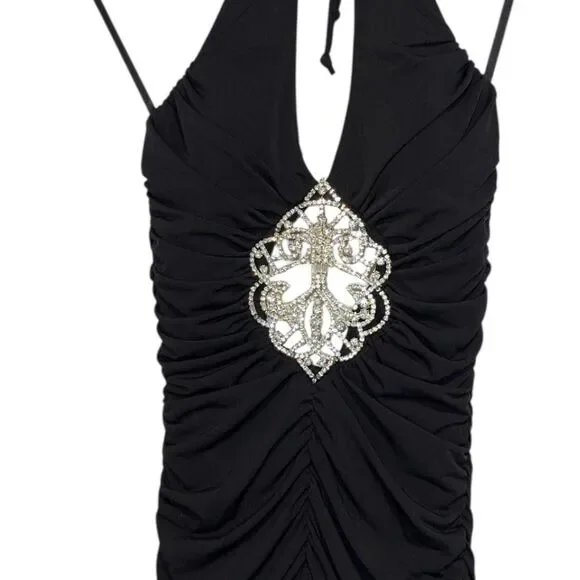 Cache Vintage Black maxi halter dress with silver metal accents -  threedaughtersproperties.com